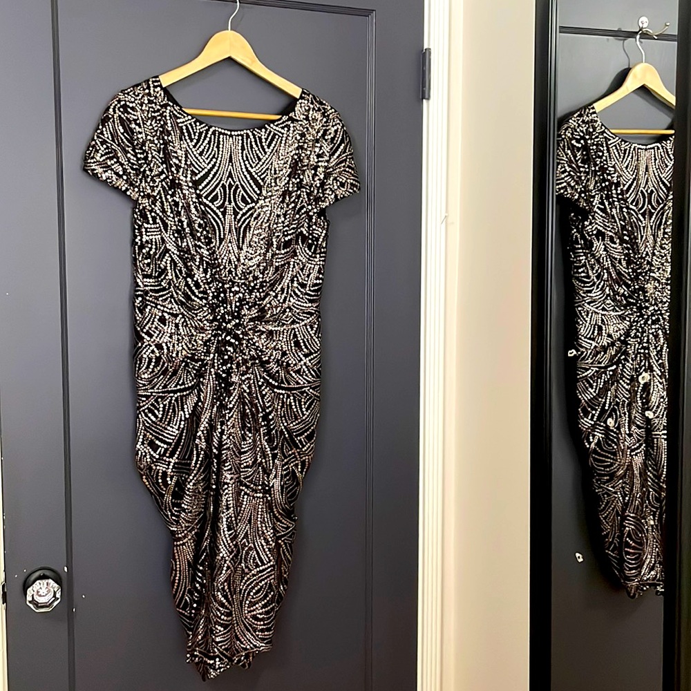 Tadashi Shoji black, gold sequin dress